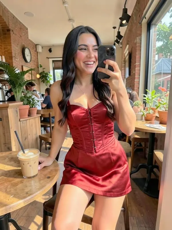 Same photo with a red satin corset dress