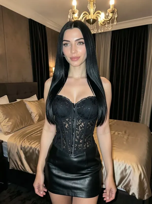 AI model in a lace corset top in a hotel room