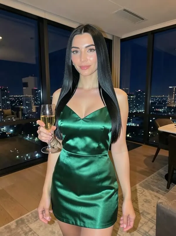 AI model in an emerald slip dress at a penthouse