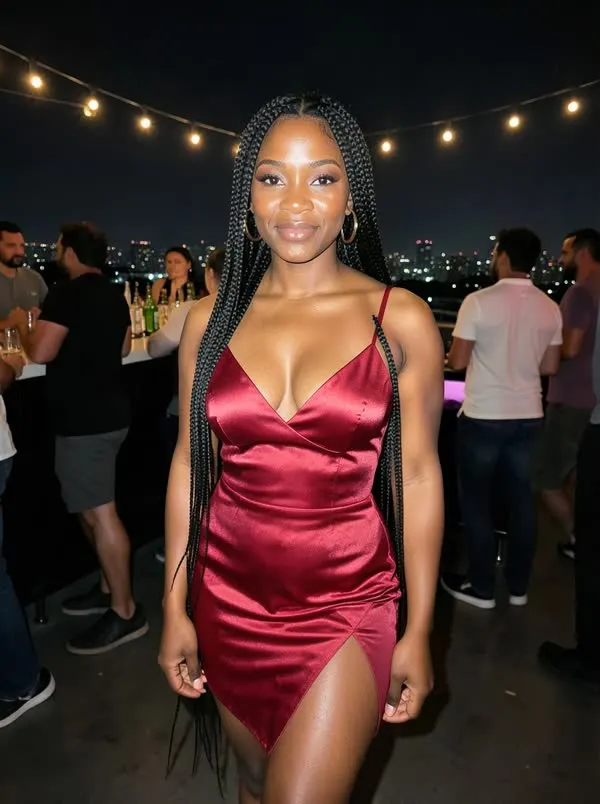 AI model in a red satin dress at a rooftop bar